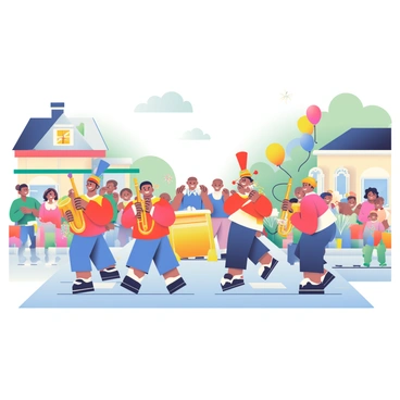 A colorful marching band is parading through a small town street. The band members wear vibrant uniforms in shades of red, blue, and yellow, with shiny brass instruments gleaming in the sunlight. The drummer leads the procession, wearing a tall hat adorned with feathers. Following closely are musicians playing saxophones and trumpets, each smiling joyfully as they march. On either side of the street, quaint houses with white picket fences and colorful flower gardens line the road. A crowd of cheerful townspeople, including children waving flags and balloons, gather to watch the performance. Balloons in various colors float in the air, adding to the festive atmosphere of the scene.