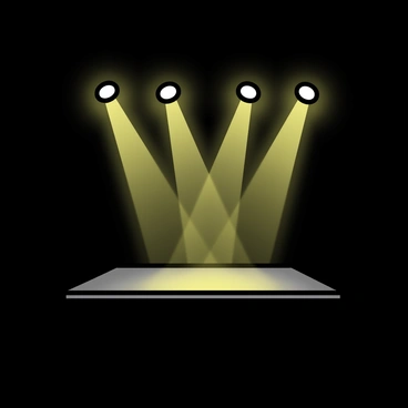 Bright stage lights with a vibrant glow are positioned at various angles above a darkened concert stage. The beams of light create a dramatic contrast against the dark background, illuminating patches of the stage floor. The stage is empty, featuring a simple platform with a black surface. Shadows linger in the corners, enhancing the focus on the brilliant lights above. A subtle haze fills the air, adding depth to the scene.