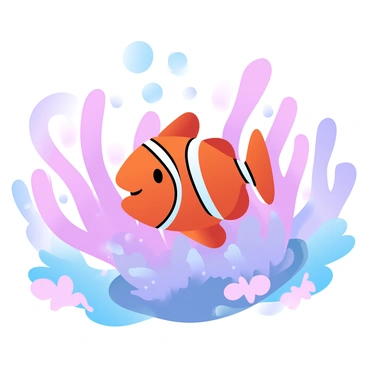 A clownfish with bright orange and white stripes is peeking out from a vivid sea anemone. The anemone has long, flowing tentacles in shades of pink and purple surrounding the clownfish. In the background, a bustling reef is visible, populated with various corals in different colors, shapes, and sizes. Small fish are swimming around the coral, adding to the lively underwater scene. Bubbles rise gently from the ocean floor, contributing to the dynamic atmosphere of the reef.