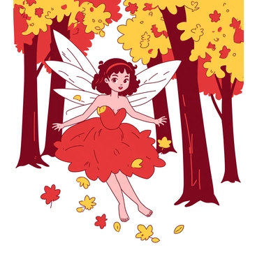 A red whimsical fairy with translucent wings is hovering among falling yellow leaves in a dense, forest setting. The fairy is adorned with a dress made of colorful autumn leaves and has sparkling eyes that reflect the forest light. Surrounding her, various leaves swirl gracefully in the air, creating a dynamic atmosphere. The background is filled with tall trees displaying vibrant foliage, adding depth to the scene.