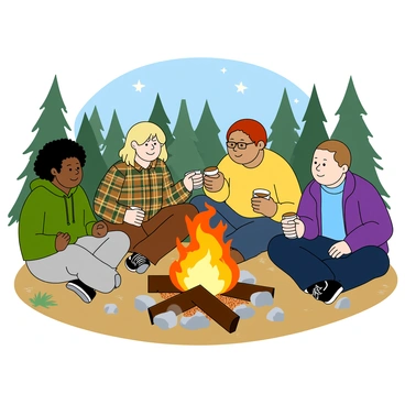 A group of five friends sitting in a circle around a warm campfire. Each friend has a distinct appearance: one has curly black hair wearing a green hoodie, another has long straight blonde hair in a plaid shirt, a third friend has short red hair with glasses and a yellow t-shirt, the fourth has wavy brown hair in a blue sweater, and the last friend sports a buzz cut with a purple jacket. They all have relaxed smiles, holding mugs of hot cocoa. The campfire is crackling in the center, with glowing orange flames dancing among the burning logs. The ground is covered in pine needles, and a few scattered rocks are visible around the fire. In the background, silhouettes of tall trees can be seen under a starlit sky.