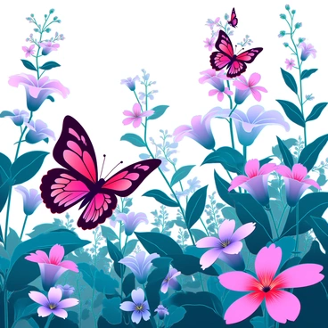 A lush garden filled with a variety of colorful flowers in full bloom. Vibrant red butterflies are fluttering gracefully among the flowers, their wings displaying intricate patterns. The sunlight filters through the leaves, casting soft shadows on the ground. You can see some butterflies perched delicately on the petals of bright blossoms, while others are mid-flight, adding a dynamic movement to the scene.