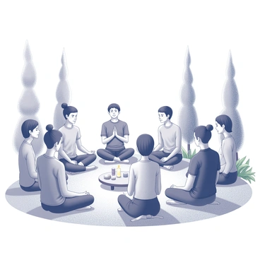 An outdoor gathering in a natural setting with several individuals seated in a circle on soft grass. Each person is sitting in a cross-legged position, with their hands resting on their knees. They are wearing comfortable, loose-fitting clothing. The atmosphere is calm, with gentle expressions on their faces as they focus on their breathing. In the center of the circle, there is a small table with candles and stones arranged neatly. Surrounding the group are tall trees and greenery, providing a sense of tranquility and connection to nature. A light breeze rustles the leaves above, contributing to the peaceful environment.