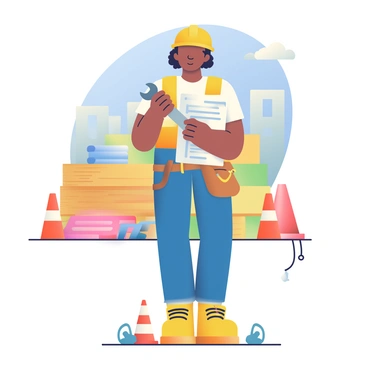 A construction worker with medium skin is standing on a construction site. He is wearing a bright yellow MVP helmet and has a tool belt slung around his waist. In his right hand, he is holding a metal wrench, and in his left hand, he has a set of blueprints. The background features partially constructed walls and stacks of wooden beams, with a clear blue sky above. There are safety cones and tools scattered on the ground around him, emphasizing the busy work environment.