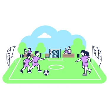 A community sports field is filled with children playing soccer. In the foreground, a group of kids dressed in matching jerseys is engaged in a game. One child is kicking the ball towards the goal, while another is preparing to defend. Surrounding the field, there are trees and a few benches where parents are watching. In the background, a bright blue sky is visible, along with a few fluffy clouds. The field has visible goalposts at either end, and the grass appears well-maintained.