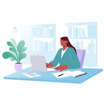 A professional woman is seated at a sleek, modern desk while focused on her work. She is wearing a tailored dress that fits her perfectly, emphasizing her confident posture. The desk is organized with a laptop, a stylish notebook, and a few pens neatly arranged. Behind her, there are bookcases filled with books and a lush plant adding a touch of greenery to the workspace. A soft light is illuminating the area, enhancing the professional atmosphere.