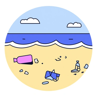 A sandy beach with various pieces of plastic waste scattered across the surface. There are crumpled plastic bottles, discarded bags, and small bits of debris mixed in with the sand. In the background, a beautiful ocean stretches out, with waves gently lapping at the shore. The water is a vibrant blue, reflecting the sunlight. The sky is clear with a few fluffy white clouds, providing a stark contrast to the littered beach.
