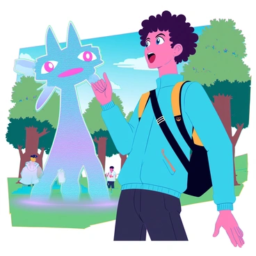 A trainer with medium brown skin and short curly hair is standing in a lush, green park. Their eyes are wide with excitement, and they have their mouth open in a gasp. They are wearing a bright blue jacket, black jeans, and a yellow backpack. In front of them, a rare Pokémon appears, glowing with vibrant colors. It has shimmering scales and large, expressive eyes, showcasing its rarity. The background features trees and a clear blue sky, with other trainers in the distance, still unaware of the sudden appearance. The trainer's pose conveys a mix of surprise and joy as they reach towards the Pokémon, ready to capture it.