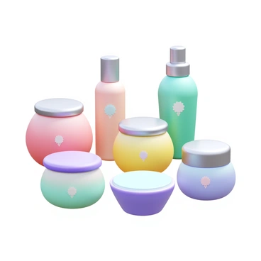 A set of cosmetics packaging featuring a soft pastel color palette. The packaging includes various shapes such as round jars, square compacts, and elongated tubes. Each item is adorned with delicate floral patterns and subtle gradients in shades of pink, lavender, mint green, and soft yellow. The lids of the jars are shiny and metallic, reflecting light gently. The brand logo is placed elegantly in a minimalist font on each container, maintaining a cohesive, fresh look across the entire collection.