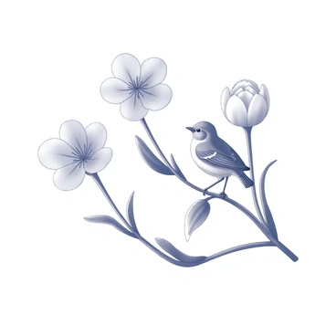 A small bird is perched delicately on a slender branch. The branch is adorned with several blooming ranunculus flowers, their petals unfurling gracefully around the bird. The flowers display intricate layers and various shapes, creating a visually rich atmosphere. The bird has a plump body, with feathers that are finely detailed, and it gazes curiously at its surroundings. The composition showcases the harmony between the bird and the vibrant flora, creating an engaging natural scene.