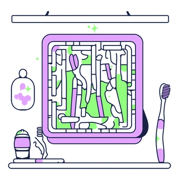 A large mosaic artwork is displayed prominently on a wall. The mosaic is constructed entirely from toothbrushes, arranged in various shapes and patterns. Each toothbrush features a different design, showing a variety of colors. The toothbrushes are positioned closely together, forming an intricate image that draws the viewer's attention. Surrounding the mosaic, there is a simple background that emphasizes the details of the toothbrushes and the overall composition of the artwork. The light reflects off the toothbrush bristles, adding a distinctive sheen to the piece.