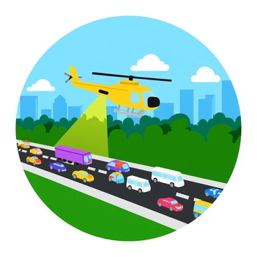 A yellow helicopter with a sleek design is hovering above a busy highway filled with a variety of vehicles, including cars, trucks, and buses. The highway is packed with traffic, showcasing colorful vehicles moving in both directions. Below the helicopter, the asphalt road is lined with green trees and urban buildings in the background. The sky is a bright blue with a few fluffy white clouds, adding to the lively atmosphere of the scene. The helicopter has a spotlight directed towards the highway, highlighting the bustling activity below.
