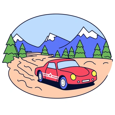 A sleek Porsche sports car with a shiny red exterior is speeding through a winding dirt road. The car has prominent racing stripes along the sides and distinctive headlights. In the background, towering mountains with jagged, snow-capped peaks rise against a clear blue sky. Pine trees are scattered along the hillsides, providing a contrast to the rocky terrain. Dust clouds are kicked up from the tires as the Porsche navigates the challenging landscape.