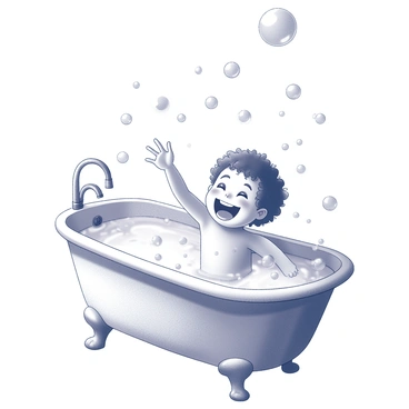 A child is sitting in a filled bathtub, surrounded by bubbles. The child has curly hair and a wide smile, expressing pure joy while reaching out to pop the bubbles floating in the air. The bathtub has a classic design with rounded edges and a faucet above. Different sizes and shapes of bubbles are visible, some reflecting light. The scene captures the playful interaction between the child and the bubbles.