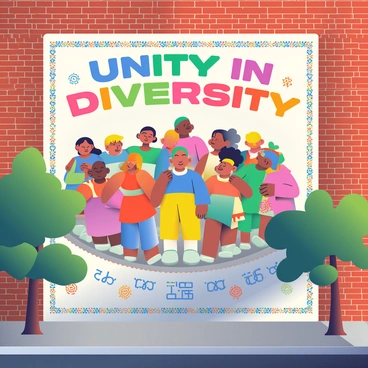 A large mural is painted on the side of a brick building, showcasing vibrant colors that represent harmony and diversity. The mural features a diverse group of people, each with distinct clothing and expressions, coming together in a circle. They are holding hands, symbolizing unity. Various symbols and patterns from different cultures are interwoven throughout the background, including traditional designs and motifs. Above the group, the words "Unity in Diversity" are displayed in bold, colorful letters. The sunlight casts gentle shadows, highlighting the intricate details of the mural. A few trees with green leaves are positioned along the street, framing the scene.
