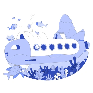 A submarine is cruising through the deep sea, surrounded by various forms of marine life. The submarine has a streamlined body with large, round windows offering a view into the ocean. Schools of fish swim alongside, showcasing different shapes and sizes. Nearby, a majestic sea turtle glides gracefully, while colorful corals adorn the ocean floor beneath. Bubbles are rising from the submarine, creating a sense of movement in the water. In the background, the faint silhouette of a large rock formation can be seen, adding depth to the underwater scene.