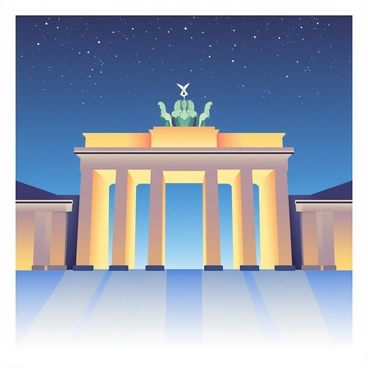 The iconic "Brandenburg Gate" is standing majestically at night, illuminated by warm golden lights that highlight its impressive architectural features. The gate is made of sandstone, displaying classical columns and intricate sculptures. Above the gate, the sky is filled with twinkling "stars," creating a stunning contrast against the deep blue backdrop. A soft glow emanates from the ground, reflecting the light from the gate and enhancing the overall ambiance. The scene captures the grandeur and historic significance of this landmark under the celestial display.