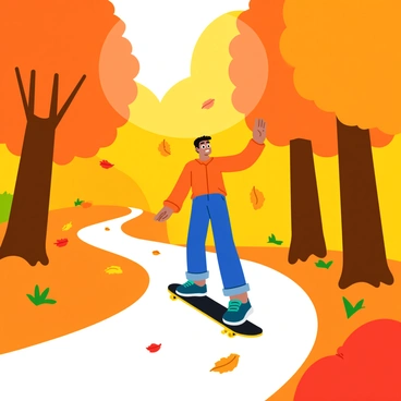 A longboarder riding along a winding path through a forest filled with colorful autumn leaves. The trees surrounding the path feature shades of orange, red, and yellow, creating a vibrant canopy overhead. The longboarder, dressed in a casual outfit, tilts slightly as they maneuver around the curves. Leaves are scattered on the ground, and some are gently falling from the branches above, adding to the scene's atmosphere. Sunlight streams through the branches, casting dappled shadows on the path.