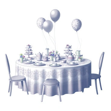 A lavishly decorated table is set for a tea party. The tablecloth is intricately patterned, featuring delicate floral designs. On the table are an assortment of teapots and cups arranged neatly. Each guest at the table is a balloon, designed with various patterns and shapes. Some balloons are shaped like traditional teacups, while others resemble teapots or whimsical characters. Each balloon has a string attached, gently swaying as if in a light breeze. The setting is adorned with small, tiered cake stands filled with pastry items, adding to the festive atmosphere. Decorative elements include colorful streamers and small vases with artificial flowers placed around the table.