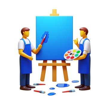 Two artists standing side by side in front of a large canvas. One artist is applying vibrant blue paint to the canvas with a brush, while the other artist holds a palette filled with various colors, including red, yellow, and green. The artists are engaged in conversation, with one gesturing towards the canvas as they discuss their ideas. The scene is filled with paint splatters on the floor and paintbrushes scattered around them. They wear aprons covered in paint stains, showcasing their creative process.