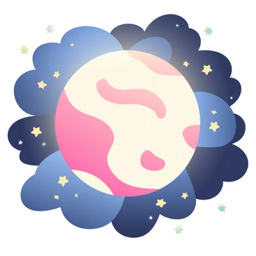 A full moon is shining brightly in the night sky. Its surface has a unique texture and coloration that resembles a giant round piece of bacon, with streaks of pink and white. The moon is framed by deep blue and black clouds that enhance its luminescence. Surrounding the moon are scattered twinkling stars, creating a striking contrast against the darker sky. The scene evokes a whimsical and surreal atmosphere.