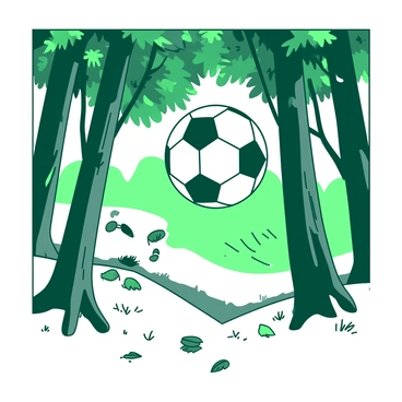 A black and white soccer ball is flying through the air, kicked by an unseen player. The ball is positioned high above the ground, with motion lines indicating its trajectory. Surrounding the ball are tall, majestic green trees with thick trunks, their leaves creating a canopy above. Sunlight filters through the branches, casting dappled shadows on the forest floor, which is scattered with fallen leaves and small plants. The scene captures the dynamic motion of the ball amidst the serene backdrop of the forest.