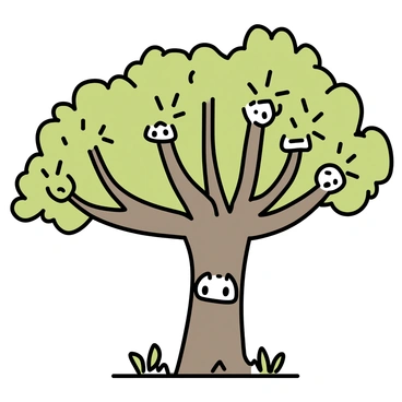 A large, majestic tree with a thick trunk and sprawling branches stands prominently in the center of the image. The bark of the tree features multiple "spirit faces" emerging from it, each with distinct features and expressions. The leaves on the branches are lush and green, creating a vibrant contrast against the rough texture of the bark. The ground around the tree is covered with small patches of grass and scattered leaves, enhancing the natural setting.