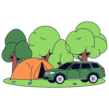 A crossover SUV with a sleek design parked in a lush green forest clearing. The SUV is painted in a deep green color, blending harmoniously with the surrounding foliage. Nearby, a camping tent is set up, featuring a bright orange exterior with a simple, dome shape. The forest is dense with tall trees providing a natural canopy, and patches of sunlight filter through the leaves, illuminating the scene. The ground is covered in soft grass and scattered fallen leaves, enhancing the outdoor camping atmosphere.