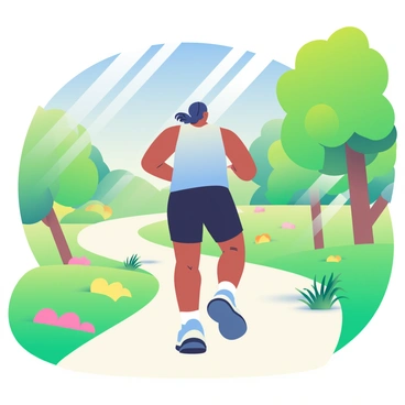 A person with medium skin tone is jogging along a sunny path in a vibrant green park. They are wearing a light blue tank top and black running shorts, and their hair is tied back in a ponytail. The path is surrounded by lush grass and colorful flowers in shades of pink and yellow. In the background, there are tall trees with bright green leaves, and a clear blue sky stretches above. Sunlight is filtering through the leaves, casting dappled shadows on the ground.