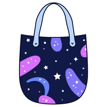 A tote bag with a dark blue background designed to resemble a starry night sky. The surface of the bag features small white stars scattered throughout. Swirling galaxies are illustrated in vibrant colors, including purples, blues, and hints of pink, creating a dynamic pattern. The tote bag has two sturdy handles for easy carrying.