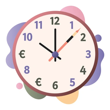 A digital flat illustration featuring a circular clock face. The clock has a classic design with a white background and black markings for each hour. The hands of the clock are replaced by two paintbrushes, one positioned at the 12 o'clock mark and the other at the 6 o'clock mark. Each hour position contains a different currency symbol, including "$" for 12 o'clock, "€" for 3 o'clock, "£" for 6 o'clock, and "¥" for 9 o'clock, among others. The clock is surrounded by a colorful splash of paint, emphasizing the artistic theme.