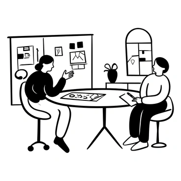 A client sitting at a large round table with an interior designer across from them. The client has a frustrated posture, with one hand gesturing towards a set of blueprints and fabric swatches spread out on the table. The designer is leaning slightly forward, holding a pencil and a notebook, taking notes on the client's concerns. In the background, there are various samples of wallpaper and paint color swatches displayed on the wall. A window shows a view of a well-furnished room, contrasting the dissatisfaction being expressed. The atmosphere conveys a tense but professional discussion.
