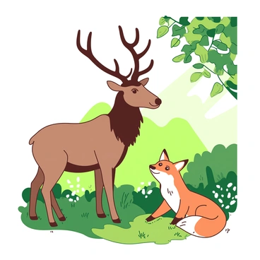 A brown elk with large antlers is standing gracefully in a sun-dappled glen. Next to the elk, a friendly orange fox is playfully sitting on its haunches, looking up at the elk with bright, curious eyes. The surrounding glen is filled with lush green grass and a scattering of wildflowers. Sunlight filters through the leaves above, creating soft patches of light across the scene. The elk and fox appear to be enjoying a peaceful moment together in this serene setting.