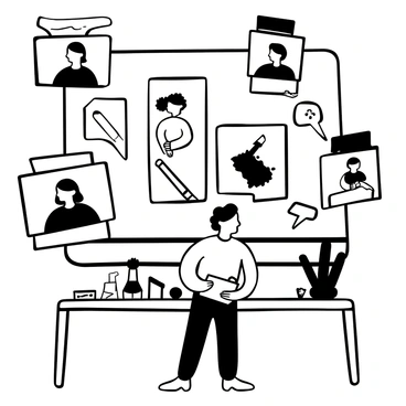 An illustration lecturer standing in front of a large screen displaying various pieces of artwork. Multiple smaller screens are arranged around the lecturer, showing students connecting from different locations. Each screen features different artworks being shared by the students. The lecturer is holding a sketchbook and pointing at a displayed art piece. There are art supplies scattered on the table in front of the lecturer, including pencils, charcoal, and brushes.