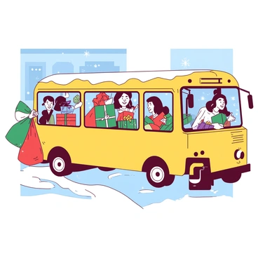 A yellow bus is parked on a snowy street, filled with holiday shoppers. Inside the bus, several shoppers are seen smiling, some holding colorful bags filled with gifts and decorations. One shopper has a large red bag overflowing with wrapped presents, while another is holding a green box tied with a bright ribbon. The windows of the bus are frosted, and outside, snowflakes are gently falling, creating a festive atmosphere. A few shoppers are peering out of the bus windows, eagerly looking at the holiday lights adorning nearby shops.