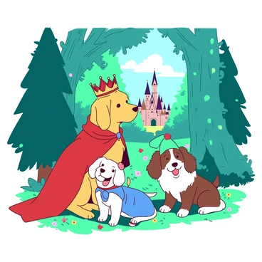 A duotone illustration features several dogs dressed as fairy tale characters in a vibrant magical forest. In the foreground, a golden retriever is wearing a red cape and a crown, resembling a brave prince. Next to it, a small white dog dressed in a blue dress with a matching bow represents a classic princess. Surrounding them are towering teal trees with shimmering leaves. A playful brown dog is dressed as a mischievous little elf, complete with a green hat and tiny shoes. The forest floor is dotted with colorful flowers, and in the background, a whimsical castle can be seen peeking through the trees. Sunlight filters through the branches, casting a warm glow over the scene.