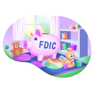 A piggy bank shaped like a classic ceramic pig, featuring the "FDIC" logo prominently stamped on its side. The piggy bank is placed on a colorful rug adorned with playful patterns. Surrounding the piggy bank are scattered toys, including a stuffed teddy bear and building blocks in various vibrant colors. The walls of the child's room are painted in soft pastel shades, and a small bookshelf filled with children's books is visible in the background. Sunlight streams in through a nearby window, illuminating the scene with a warm glow.