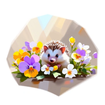A small hedgehog with soft, spiky fur and bright, curious eyes is peeking through a vibrant bed of colorful pansies. The pansies display a variety of colors, including purple, yellow, and white, with delicate petals and intricate patterns. The scene captures the hedgehog partially hidden among the flowers, with some pansies gently swaying in the breeze around it. The sunlight filters through the leaves above, casting soft shadows on the ground.