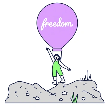 A large balloon is floating upward with the word "freedom" prominently displayed on its surface. The balloon is anchored to a figure who is being lifted off the ground. The figure is wearing a simple outfit and has an expression of surprise and joy as they ascend. The surrounding landscape is a grey, barren expanse with a few scattered rocks and patches of dry grass. In the background, there is a faint outline of a distant hill, adding depth to the scene. The overall composition emphasizes the contrast between the vibrant balloon and the muted landscape below.