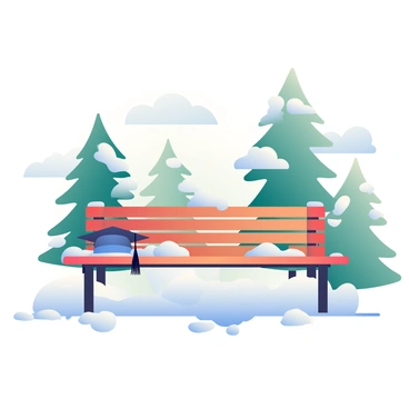 A snowy scene with a graduation cap resting on a snow-covered bench