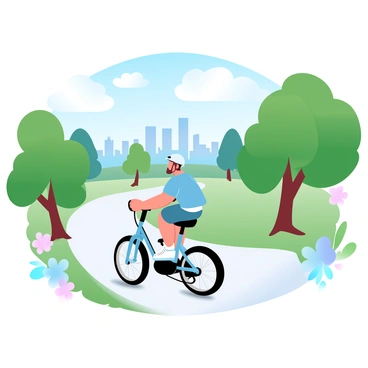 A person is riding an electric bike along a winding path in a scenic park. The individual is wearing a casual outfit, with a helmet for safety. Lush green trees line the path, their leaves shimmering in the sunlight. Colorful flowers are blooming along the sides of the path, adding vibrant hues to the landscape. In the background, there are several city buildings, towering against the clear blue sky, providing a contrast to the natural surroundings. Soft, gradient pastel colors fill the scene, enhancing the tranquil atmosphere of the park.