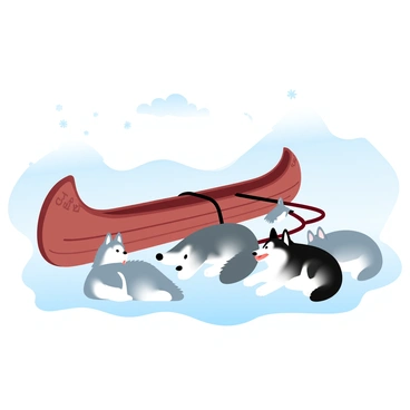 An Inuit canoe is tied to a sled, resting on a blanket of pure white snow. The canoe, crafted from wood, has a smooth, curved shape and is detailed with traditional patterns. Next to the sled, a group of huskies lies comfortably, their thick fur coats varying in shades of gray and black. Some huskies are curled up, while others are lounging on their sides, enjoying the tranquility of the snowy landscape. In the background, there are gentle snow-covered hills that create a serene setting. A few scattered snowflakes are visible in the air, adding to the chilly atmosphere of the scene.