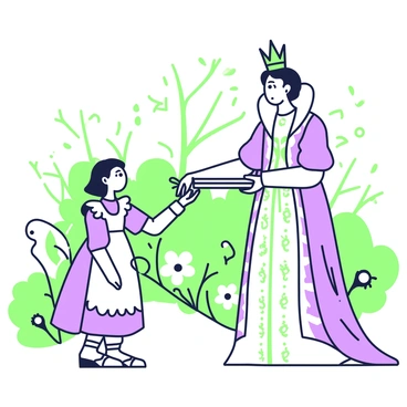 A scene depicting "the White Queen" standing gracefully, extending her arm towards "Alice." The Queen is dressed in an ornate gown, with intricate patterns. She has a regal appearance, with a delicate crown resting on a "silver platter" that she presents to Alice. Alice, portrayed with curious eyes, is wearing a simple blue dress with a white apron. The background features a lush garden with stylized flowers and foliage. Soft light filters through the trees, casting gentle shadows on the ground.