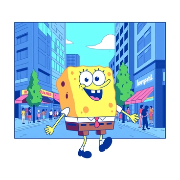 A sponge character walking through a bustling city street, admiring tall buildings.