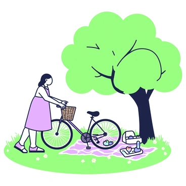 A woman is parking her bicycle next to a grassy field. The bicycle is a vintage style with a woven basket attached to the front. She is wearing a light sundress and sandals. The field is filled with green grass, dotted with small wildflowers. Nearby, there is a large shady tree with a wide-reaching canopy. Under the tree, a picnic blanket is spread out with an assortment of picnic items, including a basket filled with food and a bottle of water. Sunlight filters through the leaves of the tree, creating dappled light on the ground.