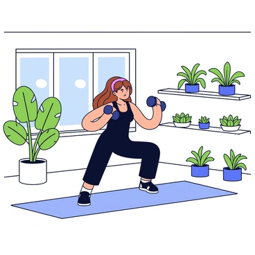 A woman with long brown hair is performing a dumbbell chest press on a light blue yoga mat. She is wearing a fitted black workout outfit. The living room is bright and airy, featuring large windows that let in plenty of natural light. Surrounding her are several green potted plants, including a tall fiddle leaf fig and smaller succulents positioned on shelves. The walls of the room are painted a soft white, adding to the vibrant feel of the space.