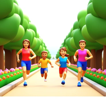 A family of four, consisting of two adults and two children, is running and sprinting together in a lush green park. The adults are wearing colorful athletic outfits, while the children are dressed in playful, bright clothing. The park is filled with tall trees and vibrant flowers lining the pathways. The sun is shining brightly, casting soft shadows on the ground as the family laughs and enjoys their time together, with smiles on their faces.