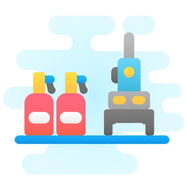 A factory production line with machines assembling fire extinguishers.