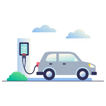 An electric vehicle in a sleek silver color is parked at a modern charging station. The vehicle is connected to a charging cable that is plugged into its port. The charging station features a tall, cylindrical design with a digital display showing the charging status. Surrounding the station, there are green shrubs and a clean concrete path. Above the scene, a clear blue sky is visible, creating a bright and vibrant atmosphere.