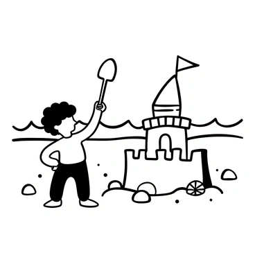 A kid with curly hair stands on a sandy beach, triumphantly holding a shovel above their head. Next to the kid, there is a perfectly built sandcastle with intricate towers and a smooth wall. The castle is adorned with flags made of seashells. In the background, gentle waves of the ocean lap against the shore, and a few scattered beach toys are visible in the sand.